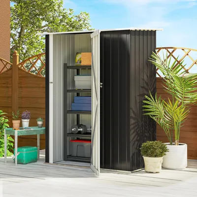 Zdjęcie produktu dla Domek narzędziowy metalowy Outsunny 1,07 m² z dachem dwuspadowym, 142 x 84 x 189 cm, z zamykanymi drzwiami, domek ogrodowy, domek ogrodowy ciemnoszary