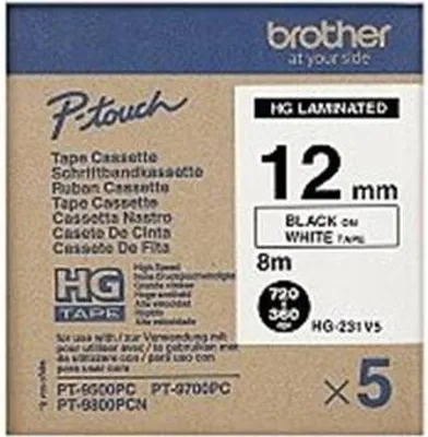 Produktbild von Brother HGE-231V5 - Schwarz auf Weiß - Rolle (1,2 cm x 8 m) 5 Kassette(n) laminiertes Band - für P-Touch PT-9500pc, PT-9700PC, PT-9800PCN, P-Touch R RL-700S