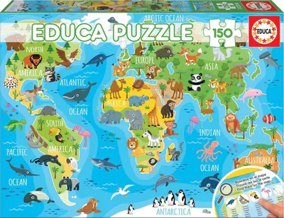 Immagine prodotto di Educa 18115, Mappa del mondo con animali, puzzle da 150 pezzi per bambini