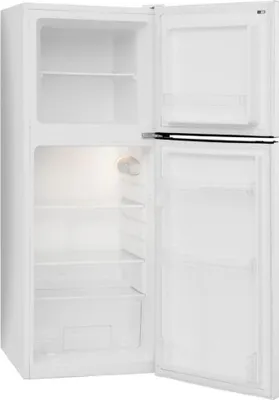 An open white refrigerator with empty shelves.