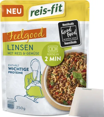 Produktbild von Reis-Fit Feelgood Linsen mit Gemüse und Reis (250g Packung) + usy Block