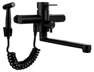 Produktbild von Wandarmatur für die Küche aus Edelstahl mit Spritzpistole, 360° drehbar, Einhebelmischer, einstellbarer Wasserauslassmodus (Schwarz)