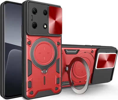 Produktbild von Handyhülle für Infinix Note 30 5G/4G Dual-Layer Stoßfest Rüstung Hülle mit Dia Kameraschutz und Kreisförmig Ring Ständer Rot