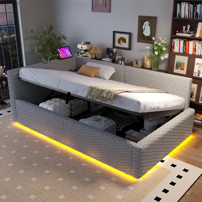 Produktbild von okwish Schlafsofa 90x200 Polsterbett mit USB-Anschlüssen und Tape-C Einzelbett mit LED und Stauraum Bettgestell Kinderbett mit L-förmiger weicher Rückenlehne Grau (ohne Matratze)