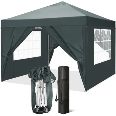 A dark gray pop-up gazebo with windows and its folded frame and carrying bag are displayed on a white background.