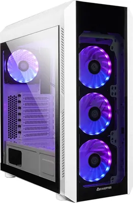 A white computer tower with illuminated fans.