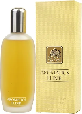 A bottle of Clinique Aromatics Elixir perfume and its packaging are displayed against a white background.