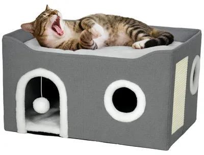Imagen del producto de Casa para gatos, rascador, cojín reversible, color gris, 60x40x34 cm
