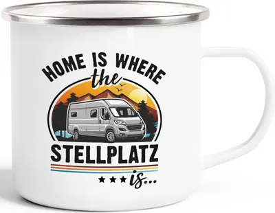 Produktbild von Emaille-Tasse Camping Home is where the Stellplatz is Geschenke für Camper Wohnmobil Spruch lustig Moonworks®
