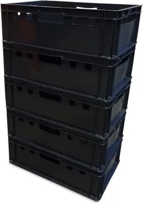 A stack of five black plastic crates.