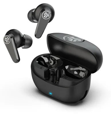 A pair of black wireless earbuds and their charging case are displayed against a white background.