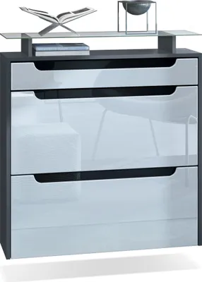 A modern shoe cabinet with a glass shelf and decorative items on top.