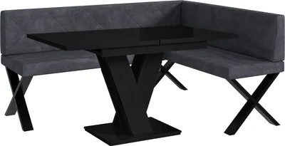 Produktbild von MEBLINI Eckbank für Esszimmer mit ausziehbarem Tisch  - Küchenbank - Essecke - Sitzecke Küche - ERIC - X-Beine 128x168x87cm Rechts - Dunkelgrau Samt/M Schwarz Hochgl.