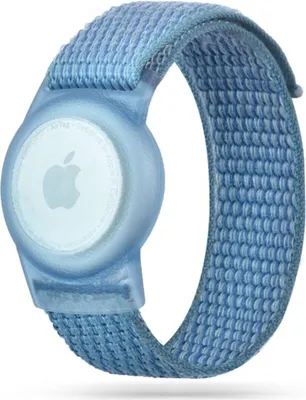 A blue fabric armband with a light blue plastic holder for an Apple AirTag.