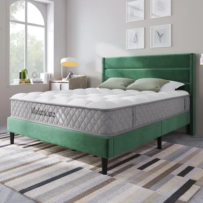 Produktbild von Polsterbett 140 x 200 cm, Bettgestell mit Lattenrost & Kopfteil, gepolstertes Doppelbett, Textilbezug Samt in Dunkelgrün, Zeitloses modernes Design, Jugendbett (Mit Matratze)