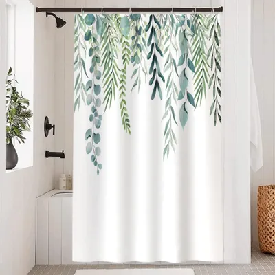 Produktbild von Duschvorhang 120 x 200 cm, schimmelresistent, mit grünem Blatt- und Eukalyptusmotiv, wasserdichtes Polyestergewebe, waschbarer Badezimmervorhang mit 8 Haken für das Badezimmer
