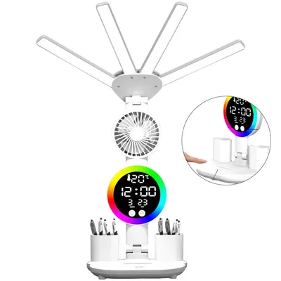 Produktbild von LED Schreibtischlampe mit Ventilator & Digital-Display,4-Kopf Faltbare Tischleuchte mit Stifthalter,3200mAh Akku & USB-Aufladung,3 Lichtmodi & Stufenloses Dimmen