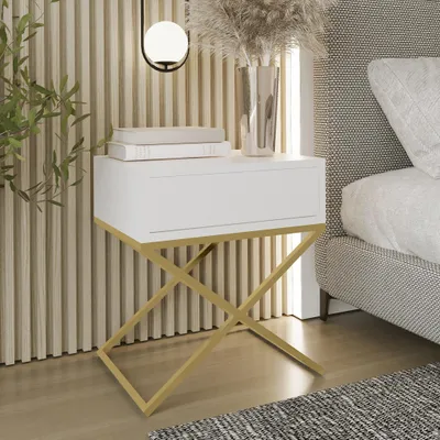 Produktbild von AX LIVING Nachttisch modern Aleio X 45 cm breit weiß, goldenes Gestell