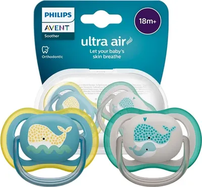 A product shot of two Philips Avent Ultra Air pacifiers in their packaging.