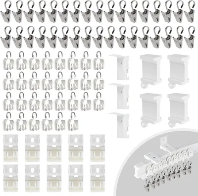 Imagen del producto de Kit de accesorios para rieles de cortinas, de 81 piezas, incluye clips metálicos, soportes de montaje, color blanco, para la instalación de cortinas