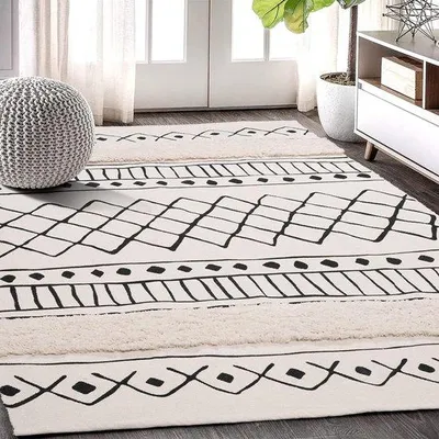 Produktbild von Unyqoos® Waschbarer handgewebter Baumwoll-Teppich Flachgewebe – Boho Beige, niedriger Flor, 120 x 180 cm, Baumwolle/Polyester, Wohnzimmer/Schlafzimmer