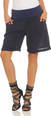 Produktbild von 280 Bermuda Shorts Damen Leinenshorts lockere kurze Hose Freizeithose 100% Leinen Shorts Sommer Strand Dunkelblau M (entspr. 34-36)
