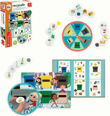 A collection of game components for a children's recycling game, including the game box, a spinner, tokens, and game boards.