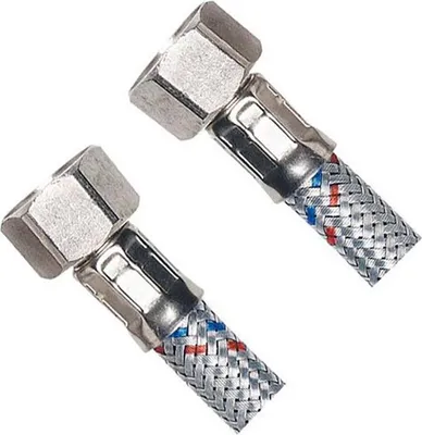 Two flexible hoses with metal fittings and braided sleeves, one with red and blue stripes.