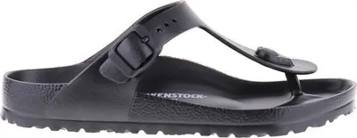 A black Birkenstock Gizeh sandal is shown from the side against a white background.