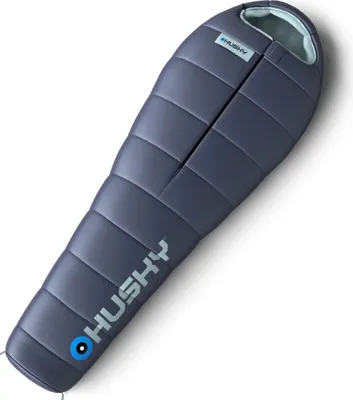 A gray sleeping bag is shown on a white background.