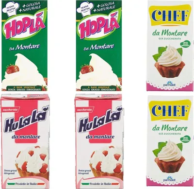Produktbild von 2x Trevalli Panna Hopla da Montare gia Zuccherata "Süße Sahne" + 2x Hulalà Panna da montare zuccherata 500ml laktosefrei + 2x Chef Panna da montare glutenfrei 500ml