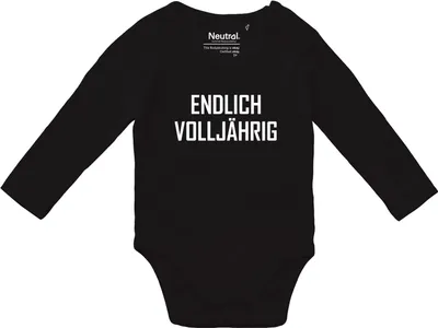 Produktbild von Huuraa Baby Body Endlich Volljährig Schriftzug 74 Black  Baumwolle Fairtrade Langarmbody Geschenkidee
