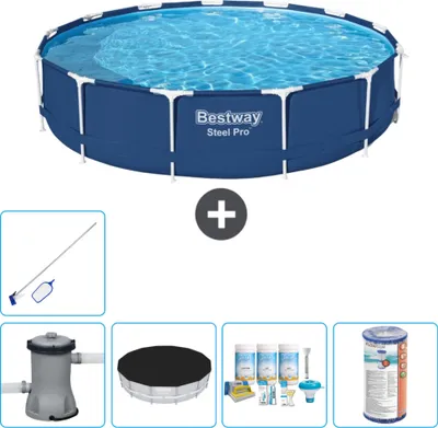 Zdjęcie produktu dla Basen Bestway Round Steel Pro - 396 x 84 cm - niebieski - w tym pokrywa pompy - pakiet konserwacyjny - filtr - zestaw do czyszczenia