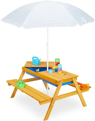 Produktbild von Relaxdays Kindersitzgruppe für draußen, Garten Picknickbank mit Schirm, Holz, Sand- & Wasserspieltisch für Kinder, natur
