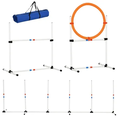 Obrázok produktu pre Súprava na agility pre psov – tréningové vybavenie pre psov – 3-dielna prekážková dráha – s taškou na prenášanie – pre použitie v interiéri aj exteriéri – plastová, biela/žltá