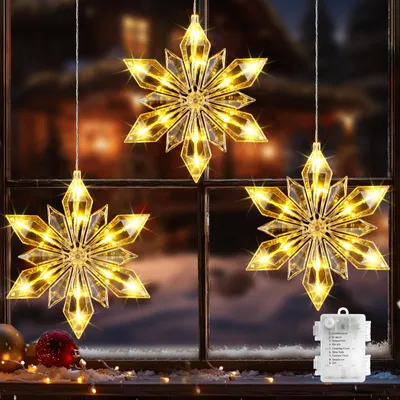 Schneeflocken-Lichterkette, 3 Stk., 108 LEDs, warmweiß, IP44