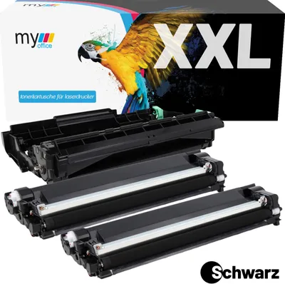 A product shot of toner cartridges and a box with a parrot graphic.