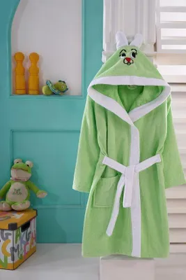 Immagine prodotto di Accappatoio da bagno per bambini Sns con cappuccio, motivo coniglietti, cotone, verde e bianco, 3-4 anni