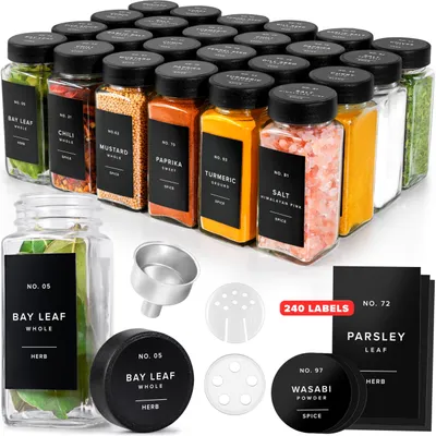 24 Gewürzgläser, eckig, 120 ml, mit Deckel, Trichter & Etiketten