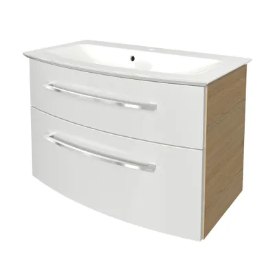 Produktbild von FACKELMANN B.STYLE Badmöbel Set 2 Teile / Gussmarmor Waschbecken / Waschbeckenunterschrank mit 2 Schubladen und Soft-Close / hochwertige Möbel fürs Bad / Korpus & Front: Braun hell / Breite: 83 cm