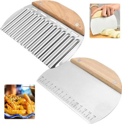 Produktbild von Teigschaber Edelstahl, Wellenschneider Aus Edelstahl, 2 Stück Teigschaber Mit Holzgriff, Teigkarte Edelstahl Mit Messskala, Dough Scraper, zum Schneiden von Teig, Nougat, Pizza, DIY Backschaber