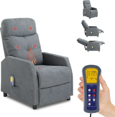 A collage showing a gray massage chair and a hand holding a remote control for the chair.