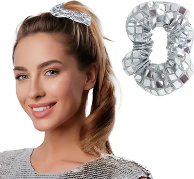 Produktbild von Retro Party 70er 80er Silberner Glamour Scrunchie Disco Schmuck Haaraccessoire, Farbe: Silber