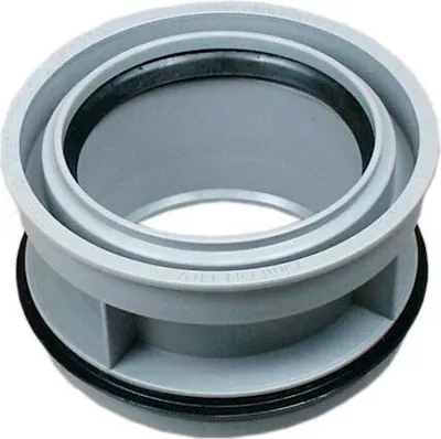 A close-up studio shot of a gray pipe fitting with a black rubber seal.