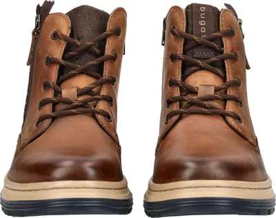 Front view of a pair of brown leather boots.