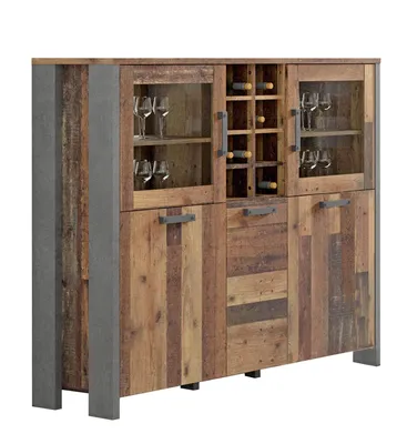 A highboardvitrine with a vintage wood and concrete look, displayed against a white background.
