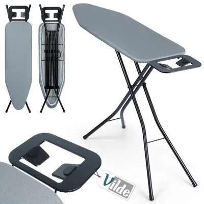 A product shot of an ironing board with multiple views and a close-up of an accessory.
