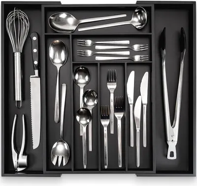 Image de Boîte à couverts de 45 cm, en bambou, noire, pour tiroir de cuisine, organisateur de cuisine extensible