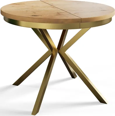 Produktbild von Runder Esszimmertisch BERG, ausziehbarer Tisch Durchmesser: 90 cm/170 cm, Wohnzimmertisch Farbe: Hellbraun, mit Metallbeinen in Farbe Gold