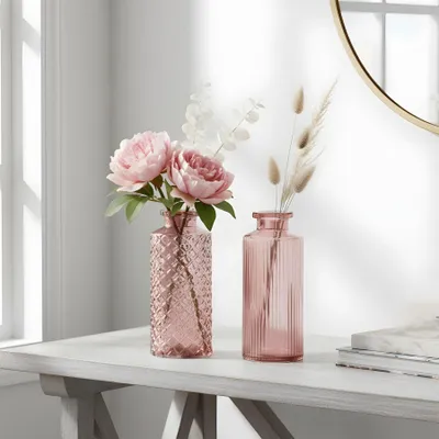 Produktbild von 2er Set Vase Rosa H14cm Glas Blumenvase Tischdeko Frühling Blumendeko Glasvase Dekovase Flaschenvase Trockenblumen